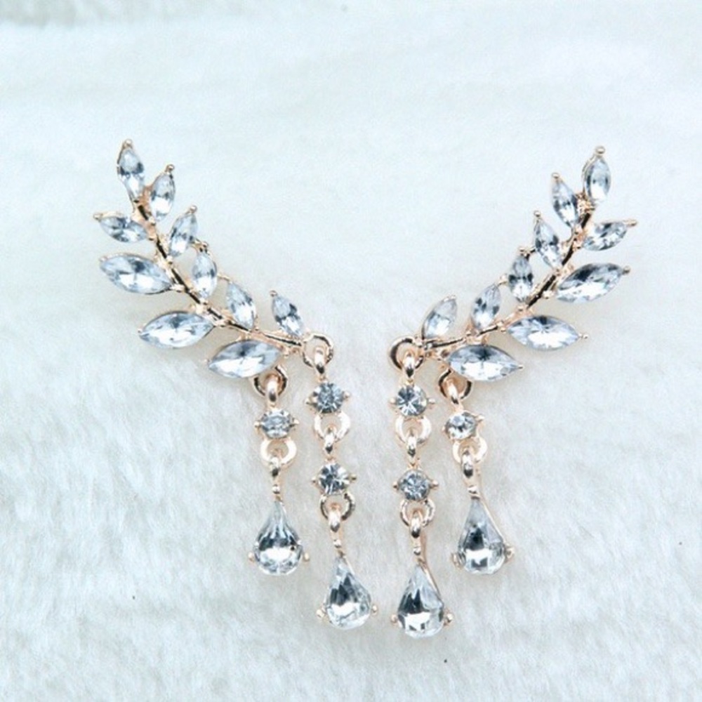 Gold and Diamond Tassel Leaf Earrings